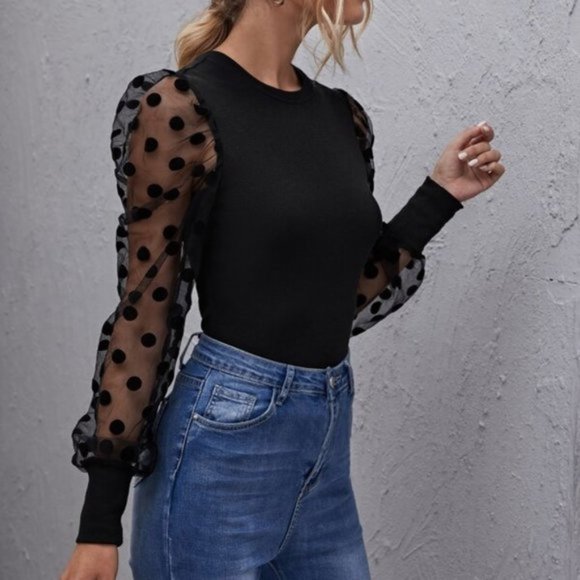 Womens Polka Dot Mesh Sleeve Top BLACK S M L XL - Picture 4 of 9